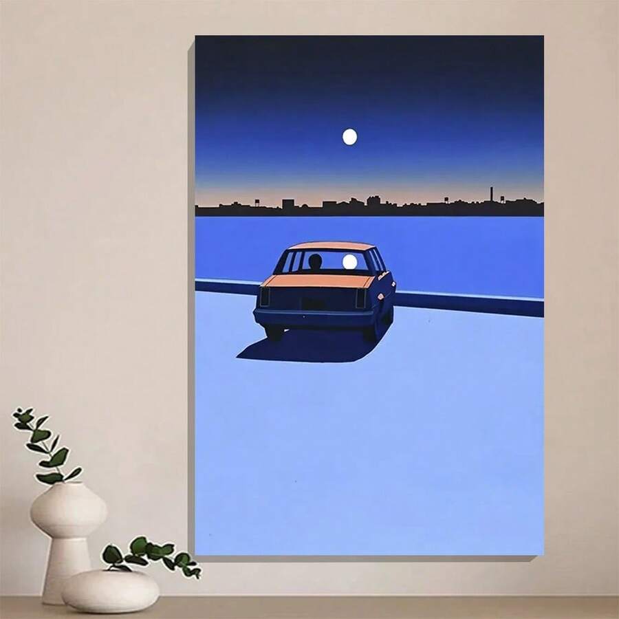 Framed Canvas Wall Art - Guy Billout Surrealism Poster, Vintage Car Under Full Moon & City Skyline, Vibrant Blue & Orange Night Scene, Modern Home Decor For Bedroom, Living Room, Corridor, Bedroom Wall Art | Night Scene Decor | Design, Wall Decor, 2D Flat, Perfect For Room Decor Birthday Party Decor, Mother's Day New Year Easter Gift,  Home Living Room Office Wall Decor, Perfect Gift And Wall Decoration, Room Decor, Wall Art Decor, Wall Decor, Living Room. - Framed - View 1