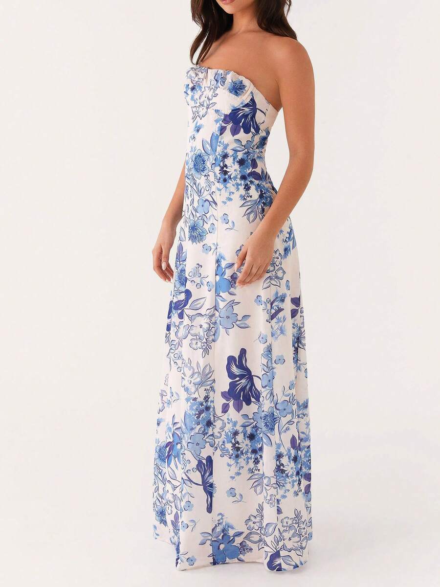 Womens Floral Strapless Dress Y2k Backless Sleeveless Tube Maxi Long Dresses Sexy Bodycon Summer Beachwear Formal Cocktail Club Party Sundress - 藍白色 - 查看 1