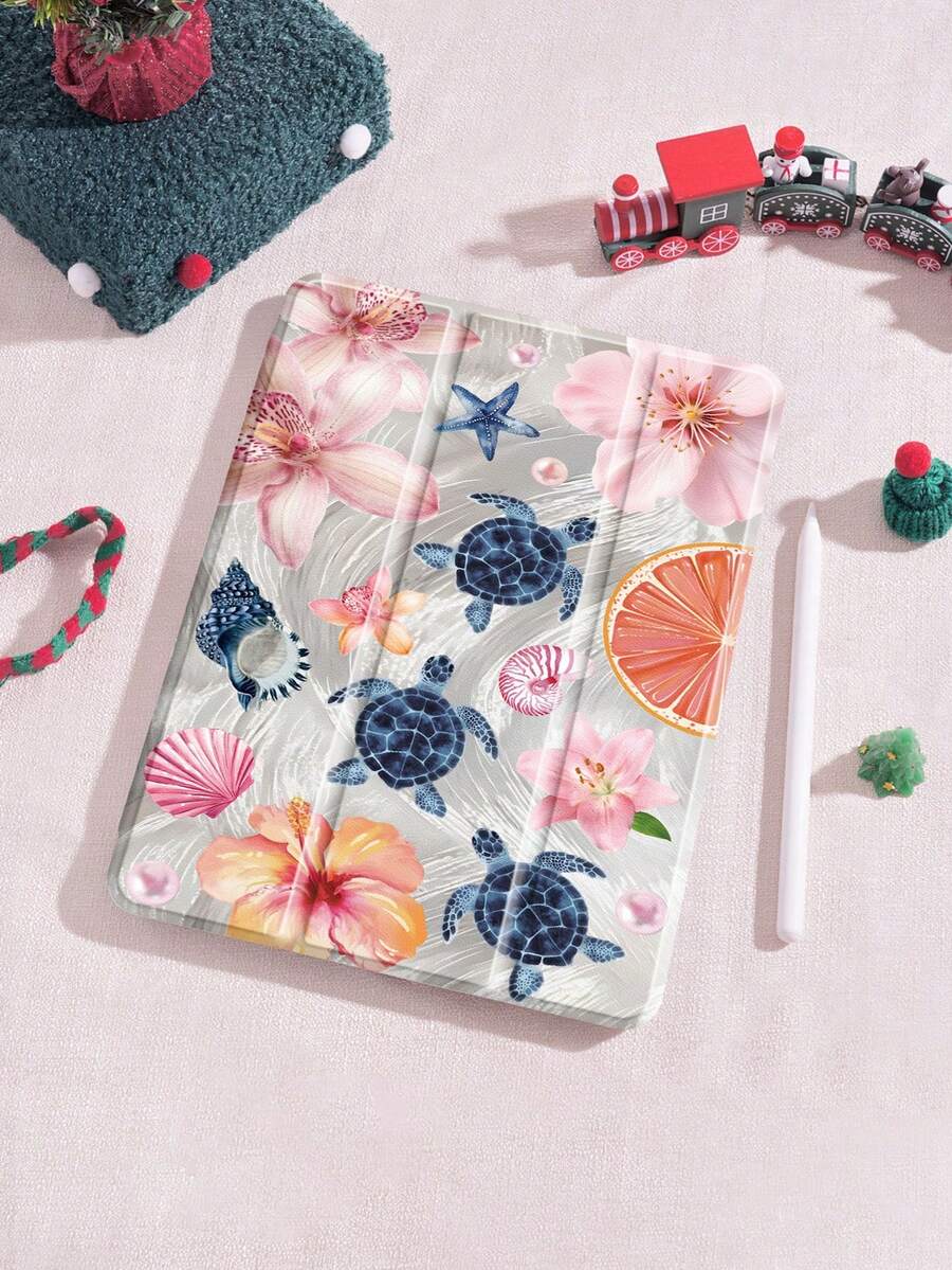 乌龟和花朵 iPad 保护套适用于 Apple iPad Air 11 (2025 M2) / iPad 11th Gen 11" (A16 2025) / iPad 10th Gen 10.9" - 可爱保护套,带笔筒、三折支架、自动睡眠/唤醒、轻巧防震 - 柔和色彩,适合女孩和创意人士 - 彩色 - 查看 1
