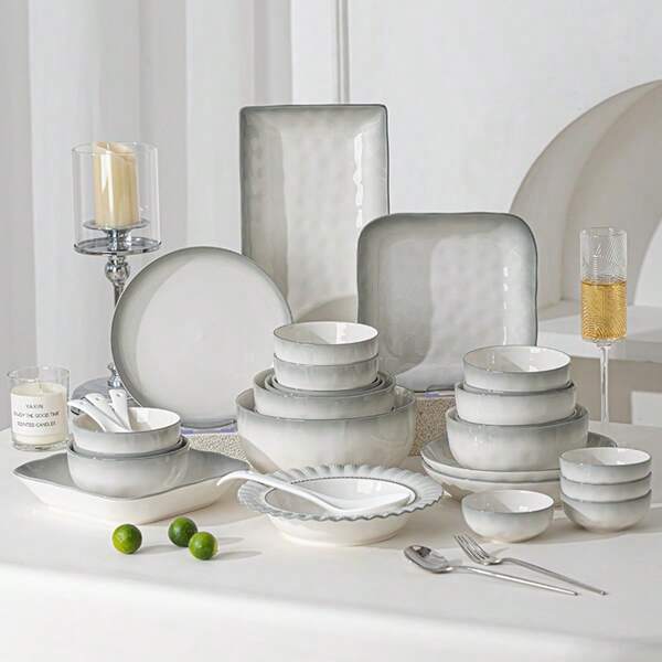 French Style Porcelain Dinnerware Set, Includes Rice Bowl, Dinner Plate, Spoon, Soup Bowl, Chopsticks, 7 Piece Combo Options, Suitable For Serving Rice, Vegetables, Fruit, Salad, Etc. Fits 2-6 People,School Supplies