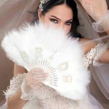1pc White Feather Folding Hand Fan, Bridal Fan, Faux Pearl & "Bride" Letter Decor Fan, Bachelorette Party Wedding Decoration Gift, Photo Prop