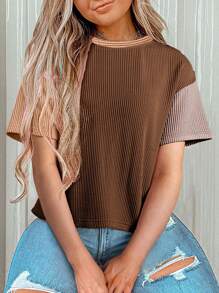 Acelitt Summer Women's Multi-Color Patchwork Color Block Texture Striped Round Neck Casual Short Sleeved T-Shirt