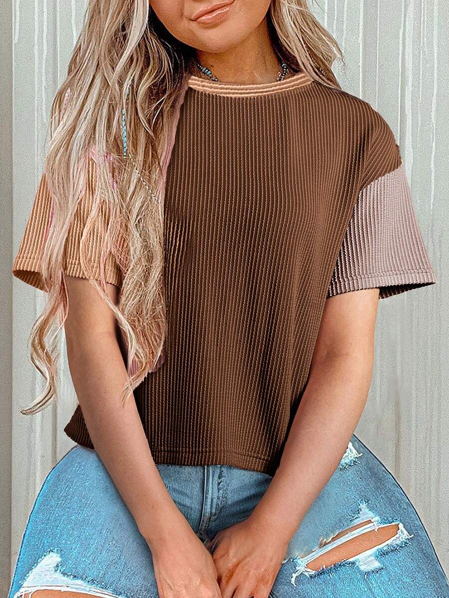 Acelitt Summer Women's Multi-Color Patchwork Color Block Texture Striped Round Neck Casual Short Sleeved T-Shirt