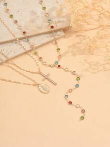 3 peças/Conjunto Colar Vintage Religioso com Pingente de Cruz de Jesus, Colar com Contas de Cristal Colorido, Joias da Moda Adequadas para Uso Diário, Rua, Fotografia, Páscoa, Corrente Ajustável Feita à Mão, Arranjo Aleatório de Cores de Cristal