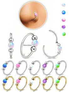1 Piece 18G High-Quality Stainless Steel Nose Ring, Inlaid With Opal For Girls - Anti Allergic, Closed Design To Prevent Falling Off