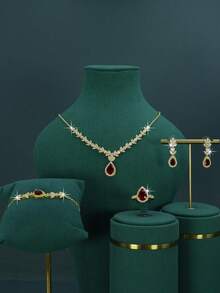 5pcs Gold-Plated Bridal Wedding Jewelry Set, Handmade With Red & Green Cubic Zirconia, Including Necklace, Bracelet, Earrings, Ring, Suitable For Daily Wear And Wedding Ceremonies, Wedding Anniversary Gift - Gold - View 11