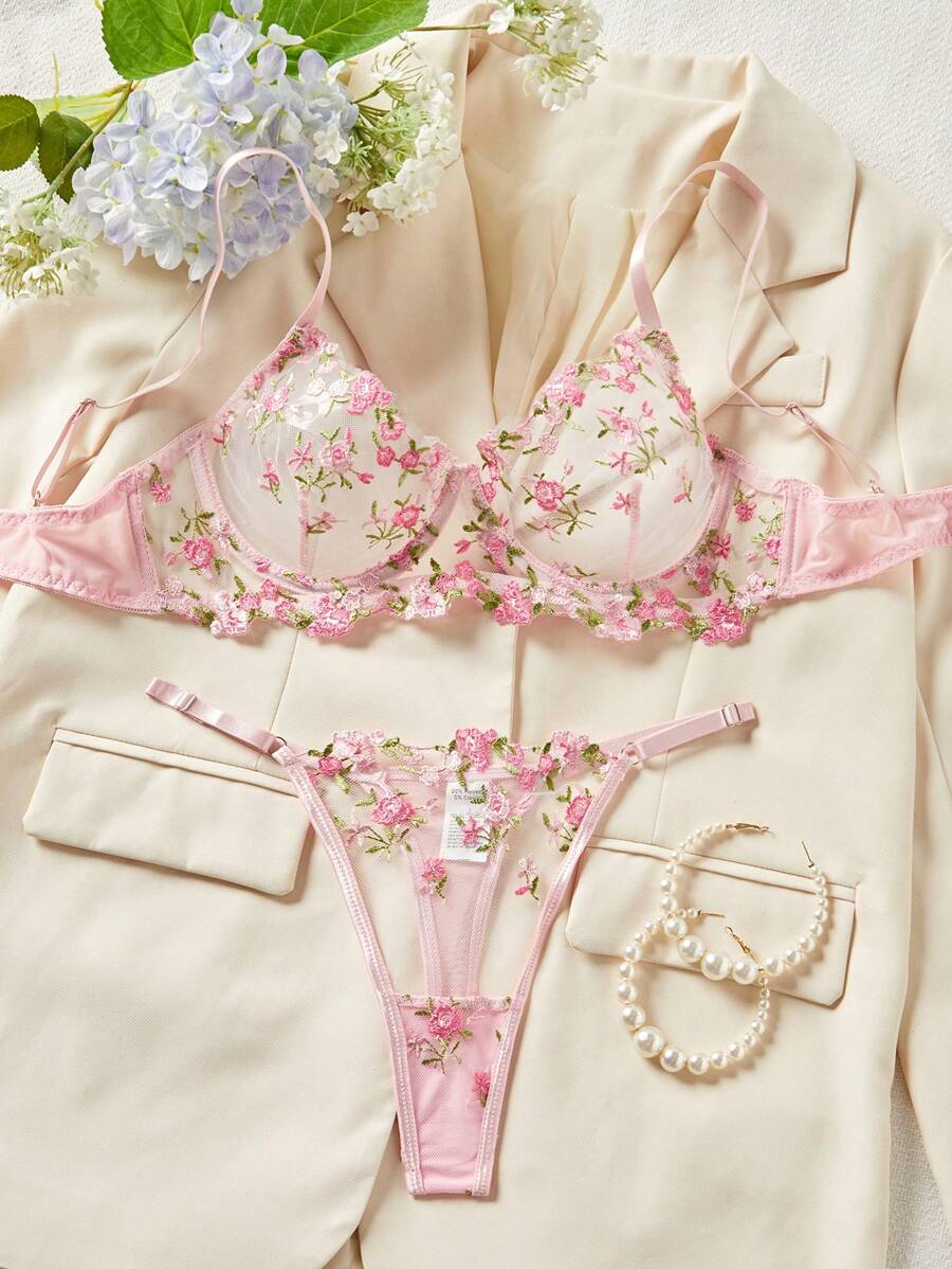 2 Stücke/Set Sexy Damen Dessous Set, rosa Spitzen-bestickter BH und Höschen mit Mesh, romantische & intime Nachtwäsche, Sommer
