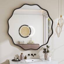 36 Inch Round Mirror With Unique Wavy Lace Aluminum Frame – Wall Mounted Vanity Mirror, Modern Decorative Mirror For Bathroom, Living Room, Bedroom, Entryway – Enhances Home Aesthetics - Black - View 2