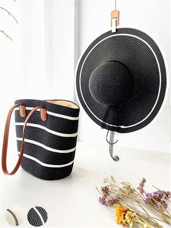 1 套女士夏季波西米亚大帽檐蝴蝶结装饰草帽和大容量草编包组合，沙滩帽和手提包，时尚优雅的海滩度假防晒配饰，适合休闲外出、旅行、购物