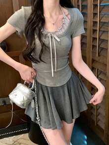 女士夏季系带二合一短袖打结修身 T 恤 - 灰色 - 查看 4