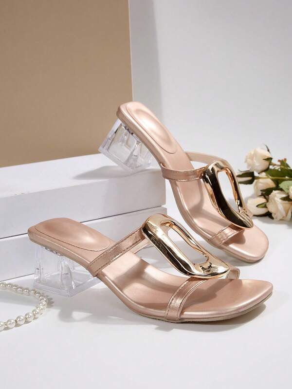 Transparent Chunky Heel With Decorative Metallic Accent, New Women's Fashion Versatile Holiday Party Rose Gold Summer High Heel Sandals