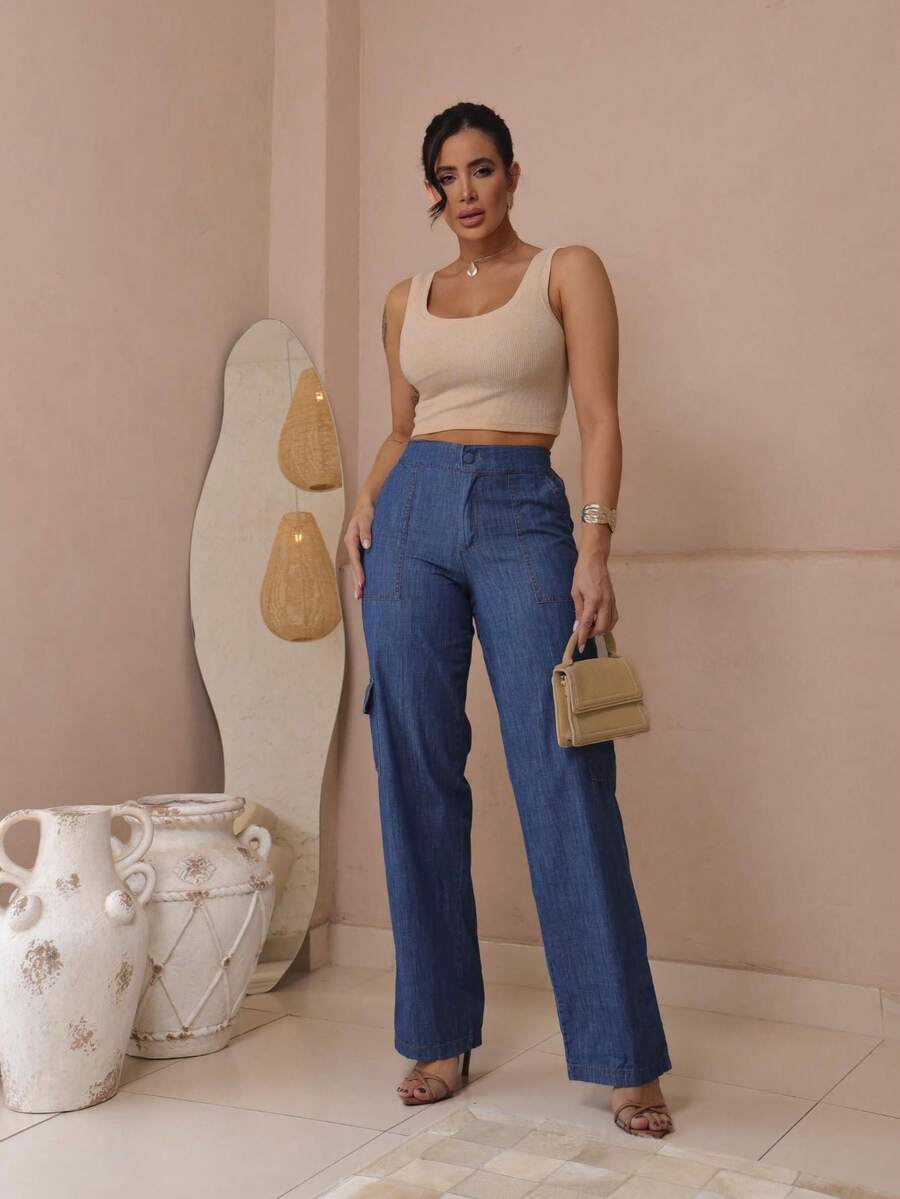 Women's High Waisted Flared Jeans With Elastic Waistband - Position / Media - View 1