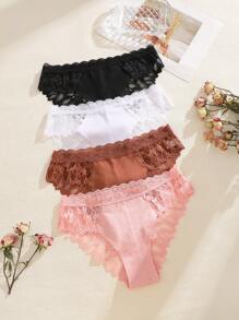 Set de 4 piezas de bragas de mujer con encaje sin costuras, unicolor, con diseño sexy y romántico