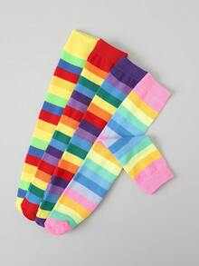 4 Pairs Girls Rainbow Straight Over-The-Knee Long Socks, Suitable For Daily Matching, All Seasons - Multicolor - View 2