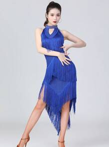 Vestido de baile latino para damas, vestido de competición con lentejuelas y flecos, vestido de baile latino asimétrico con flecos, vestido para actuación en el escenario