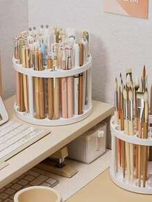 حامل أقلام متعدد الوظائف لون بيج مسامي، أنبوب تخزين فرش المكياج، كوب قلم بلاستيكي منظم المكتب للطلاب