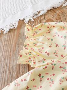 年轻女孩夏季休闲碎花泡泡袖衬衫 - 杏色 - 查看 5