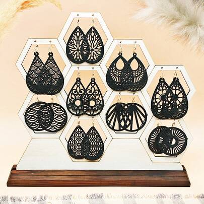 9 أزواج/ المجموعة من الأقراط المنقوشة بطراز فينتاج بشكل زهور معلقة ، أقراط مصنوعة من خشب بأسلوب بوهيمي قديم، إكسسوارات موضة وحفلات