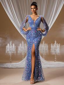 GIFORU Elegant Black Chiffon Mermaid Evening Gown Hand-Beaded Deep V-Neck, Crystal Sequins & High Slit Luxury Couture Dress For Gala Red Carpet Wedding/Prom - Dusty Blue - View 4