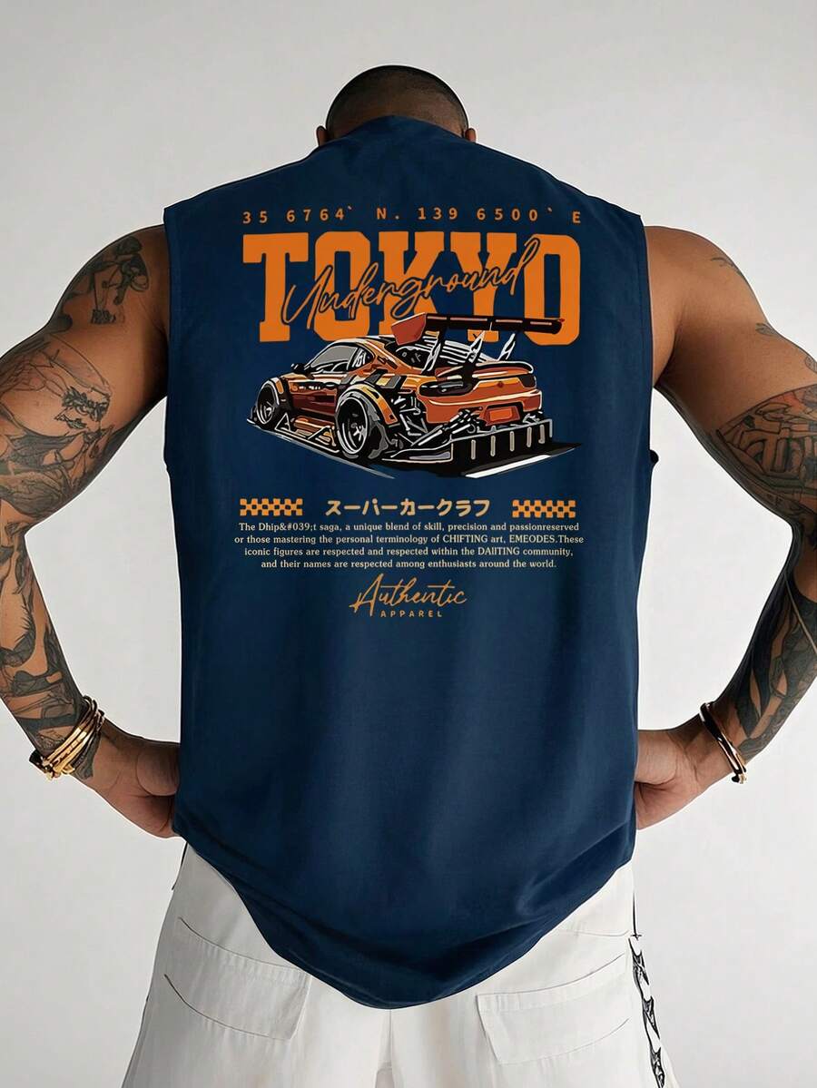 Men's Casual Crew Neck Letter & Heart Graphic Tank Top, 2000s Style - Navy Blue - View 1