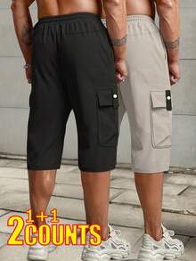 2pcs/Set Men's Cargo Capri Pants, Summer Drawstring Waist, Large Pockets, Letter Patches, Casual Sporty - Multicolor - View 3