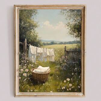 1pc Framed/Frameless Farmhouse Laundry Day Wall Art Vintage Poster Canvas Print Antique Country Landscape Rustic Summer Decor Retro Painting For Dorm,Apartment,Living Room,Bedroom,Modern Home Decoration