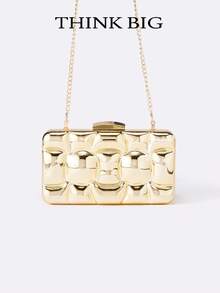 Golden Metal Clutch Evening Bag With Water Ripple Design, Luxury Reflective Wave Pattern For Parties, Weddings - Gold - View 7