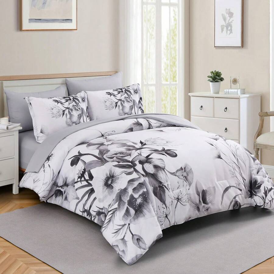 7 Pieces Floral Yellow/Aqua/Navy Blue Floral Comforter Set Queen King Bed In A Bag Botanical Floral Comforter Soft Soft Microfiber Complete Bedding Sets For Fall And Wedding Items,Valentines Day Home Bed Room Decor,Easter Gifts,Mothers Day Gift,All Season - 黑色 - 查看 1