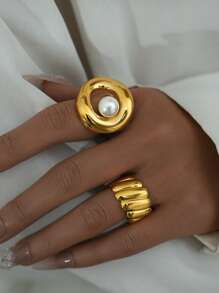 Frminee 1 pieza Anillo de acero inoxidable chapado en oro de 18K con perla, diseño de lujo elegante y vintage para uso diario, fiestas, bodas, regalo para el día de la madre