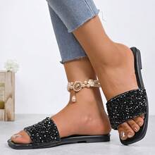 Women's Elegant Comfortable Crystal Rhinestone Embellished Slip-On Flat Slide Sandals - Black - View 2