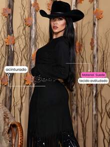 Women's Dress With Fringe Country Long Sleeve Rodeo - Black - View 6