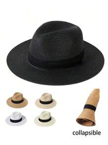 Summer Foldable Panama Hat, European And American Style Sun-Shading Jazz Hat, Outdoor UV Protection Beach Straw Hat, Versatile & Unique