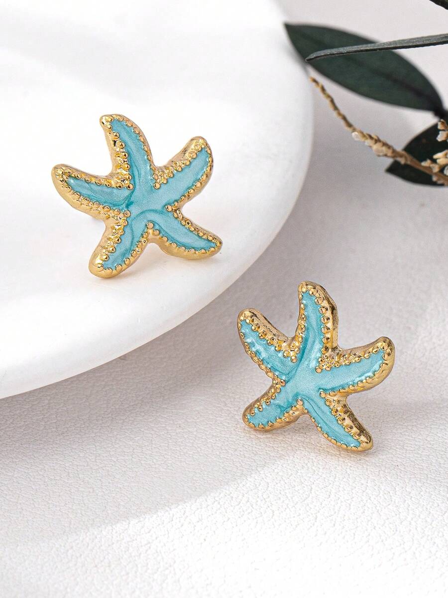 一对时尚 3D 合金彩色珍珠涂层海星耳钉 - 藍色 - 查看 1