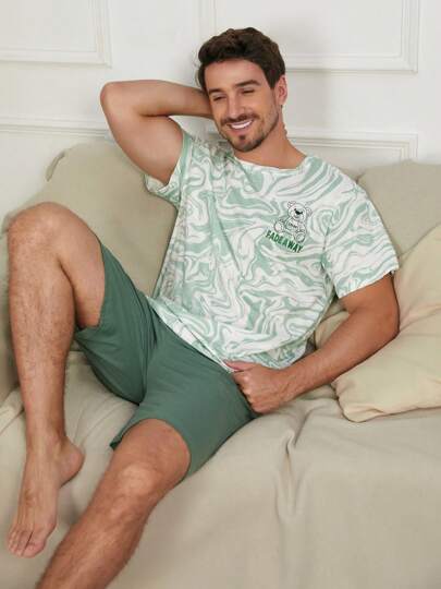 2 pièces/Set Pyjama léger pour hommes, chemise à col rond à manches courtes et shorts, imprimé ours en camaïeu, ensemble décontracté pour l'été