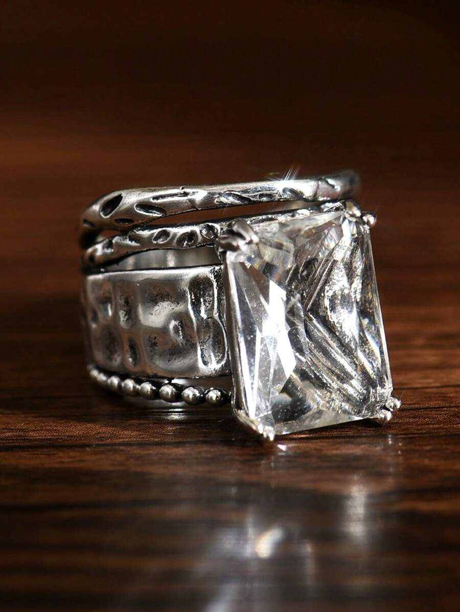 1pc Boho Style Vintage Silver Women's Ring, Suitable For Wedding, Engagement, Daily Wear - Silver - View 1