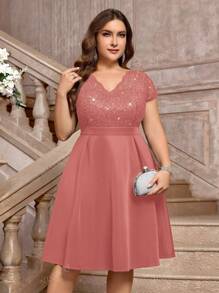 Vestito da cocktail elegante, a scollo a V, con contrasto di paillettes, decorazione floreale in pizzo, a ruota, adatto per feste di promo, feste di laurea, compleanni, e cerimonie