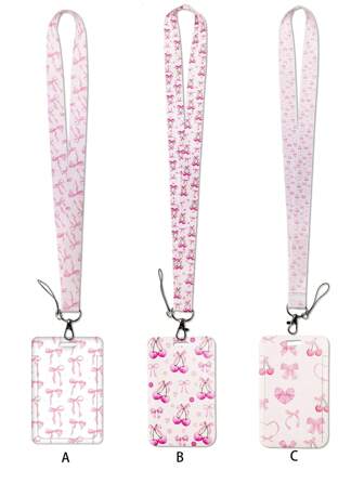 1pc Ins Style Pink Bow & Cherry Blossom Heart Bow Pattern Lanyard ID Card Holder, With Keychain Hardcover For Bus Card, ID Card, Work Card, Student Card, Exhibition Card, Event ID Card,School Supplies,Back To School