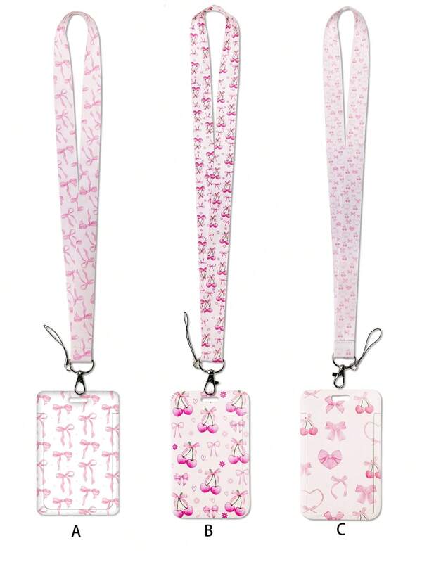 1pc Ins Style Pink Bow & Cherry Blossom Heart Bow Pattern Lanyard ID Card Holder, With Keychain Hardcover For Bus Card, ID Card, Work Card, Student Card, Exhibition Card, Event ID Card