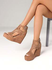 Wedges High Heels Sandals For Women Fashion Hollow Out Design Peep Toe Platform Back Zipper Bohemian Sandals Woman - màu nâu - Xem 4