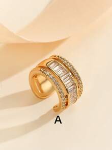 1pc Minimalist Fashion Rhinestone Double Layer Ear Cuff Clip-On Earring, Copper Plated , Unisex Design - Yellow Gold - View 15