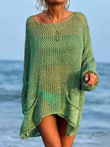 Women'S Plus Size Sexy Hollow-Out Loose Vacation Beachwear Knit Coverup With Pockets, Long Sleeves, And Round Neckline