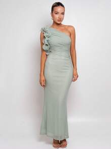 Summer Elegant One Shoulder Green Maxi Long Dress For Women Ruffle Embellished Dress Wedding Evening Cocktail Party Dress Sexy