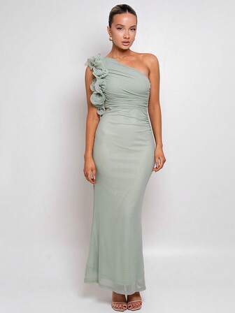 Summer Elegant One Shoulder Green Maxi Long Dress For Women Ruffle Embellished Dress Wedding Evening Cocktail Party Dress Sexy