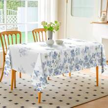 1pc Watercolor Floral Pattern Polyester Tablecloth, Spring/Summer Blue Green White Flower & Leaf Festive Tablecloth, Washable Seasonal Tablecloth, Home Kitchen Dining Party Picnic Decor, Gift