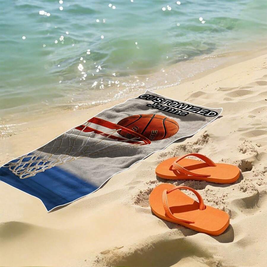 1pc Customizable Basketball Hoop And Your Name Design Ultra-Soft, Quick-Dry, 240GSM, Modern Rectangular Beach Towel - Personalized Gift For Summer, Swimming, Camping Holiday Bathroom Decor Travel Essentials Travel Accessories Beach Essentials