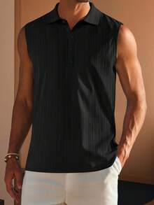 Mens Sleeveless Summer Shirts Beach Tank Tops Button Up Textured Tank Shirt For Vacation - Black - View 4