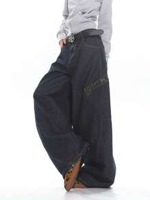1 pieza Pantalón de mezclilla de carga tipo cargo holgado con parches para hombres, pantalones de cargo estilo calle americana, pierna ancha, de moda y versátil