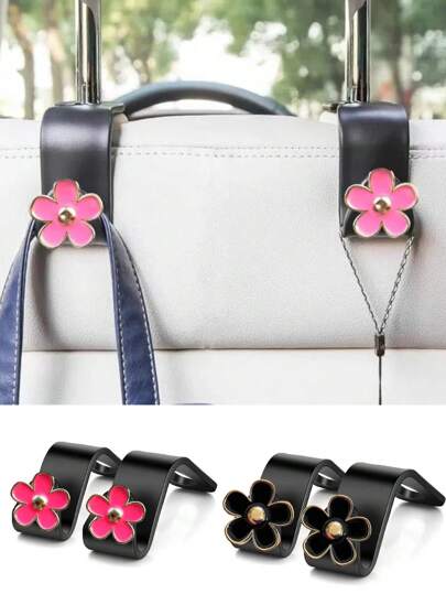 2pcs Cute Little Flower Decoration Car Seat Back Hook Metal Five-Petal Flower Cartoon Car Multi-Function Car Hook Women's Car Interior
