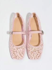 Women's Pink Flat Ballet Flats With Floral Embroidery, Breathable Hollow Mesh Open Toe Summer Shoes, Wide Fit Mary Jane Shoes