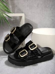 Sandales à talons compensés avec plateforme, sangle  effet pierre noire, style polyvalent pour femmes. Sandales simples à semelle épaisse pour l'extérieur